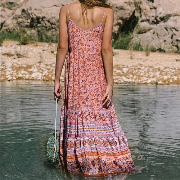 Boho Floral Gypsy Print Cami Maxi Dress Orange - Picture 4 of 16